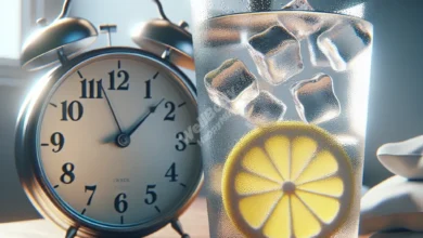 A refreshing glass of water with ice cubes and a slice of lemon, placed on a bedside table next to an alarm clock showing early morning time