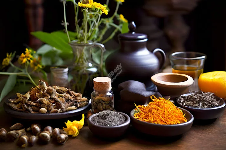A selection of natural supplements mentioned in the table, arranged artfully with some herbal tea