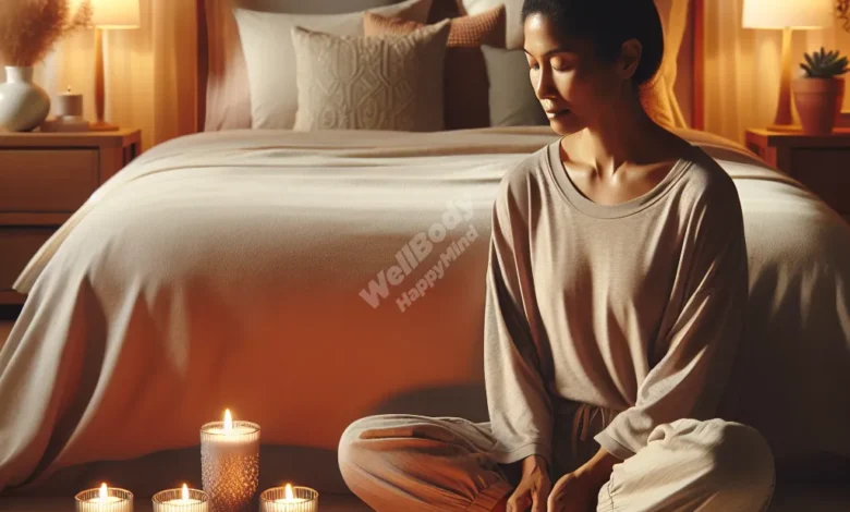 A serene bedroom setting with soft lighting, candles, and a person doing a relaxing yoga pose