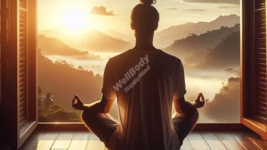 A serene morning scene with a person meditating by a window as the sun rises