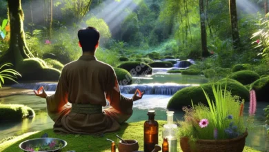 A serene nature scene with a person meditating, surrounded by elements representing the natural remedies discussed in the article
