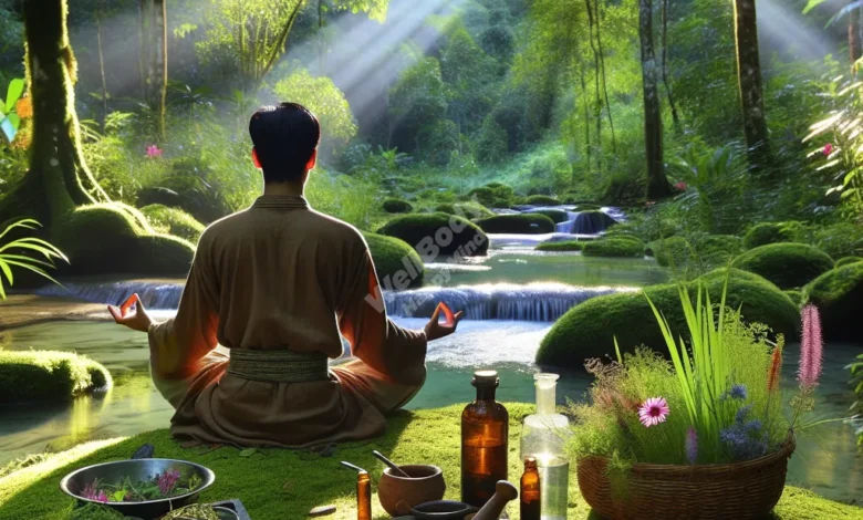 A serene nature scene with a person meditating, surrounded by elements representing the natural remedies discussed in the article
