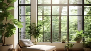 A serene, well-lit room with large windows, plants, and natural materials, showcasing mindful architectural design