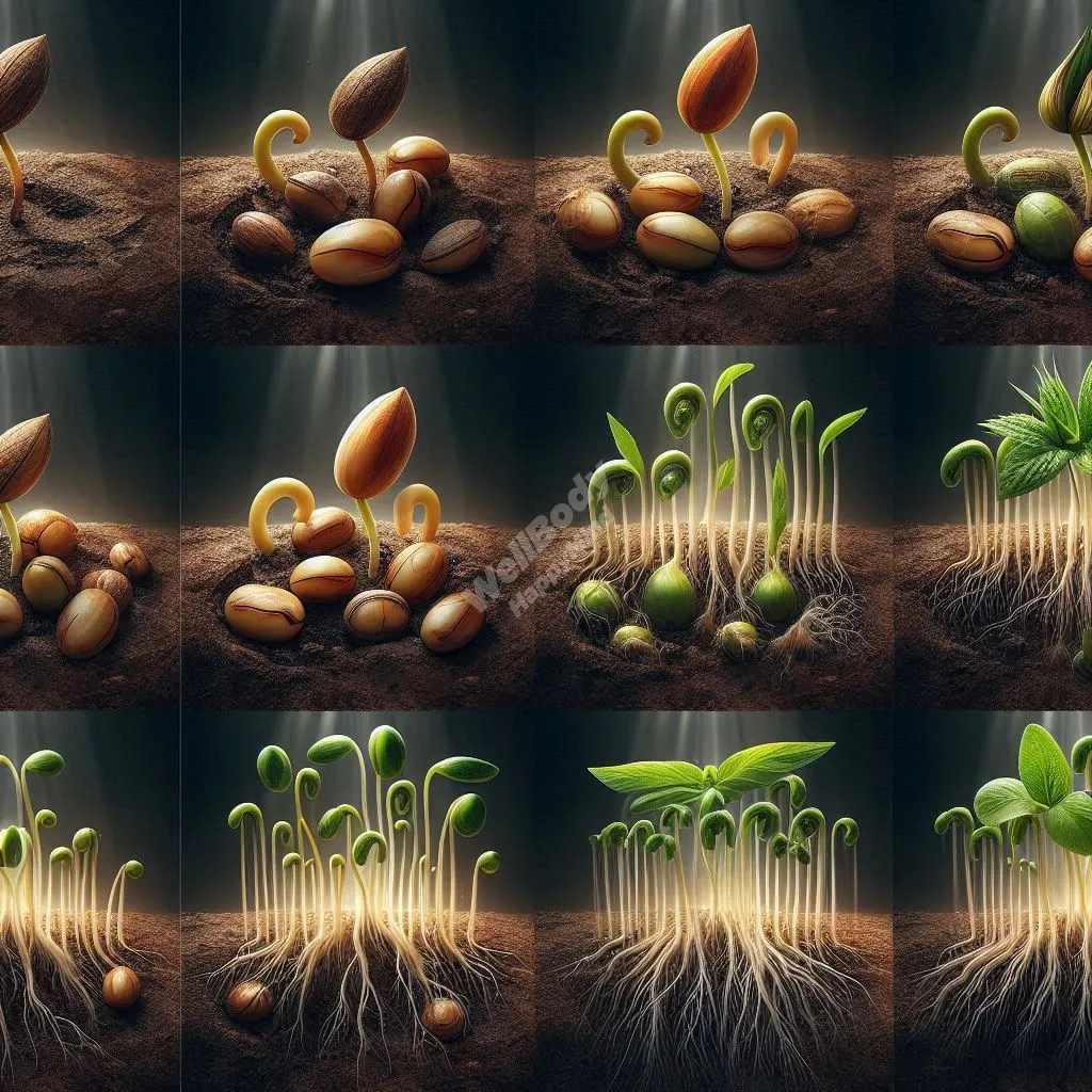 A series of images showing the sprouting process of a seed, from dry seed to fully sprouted