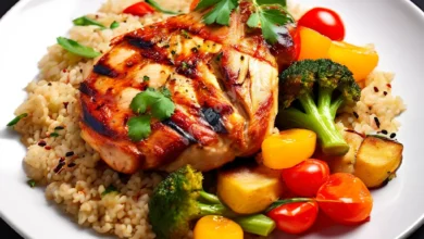 A simple, colorful plate with a balanced meal of grilled chicken, mixed vegetables, and brown rice