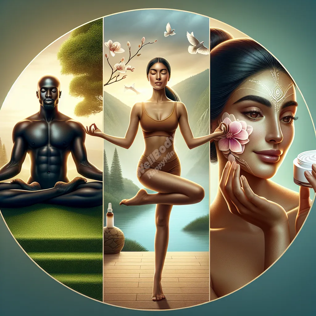 A split image showing a person meditating, doing gentle yoga, and applying skincare products
