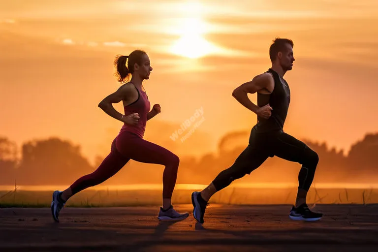 A split image showing morning jogging and evening gentle yoga stretching
