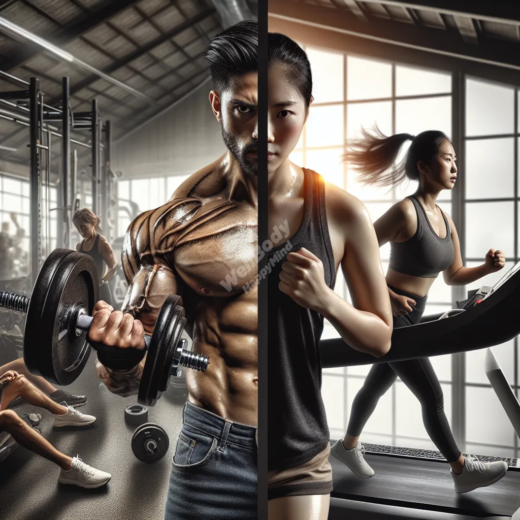 A split image showing someone doing strength training on one side and cardio on the other, emphasizing the balance between the two