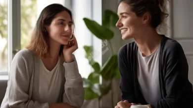 A split-screen image showing a person talking to a therapist via video call on one side and in-person on the other, with a thoughtful expression