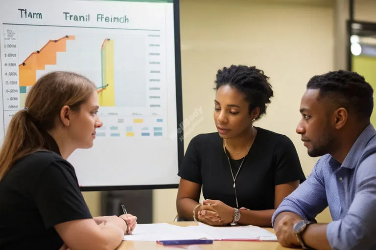 A team analyzing data and discussing improvement strategies for a mental health program