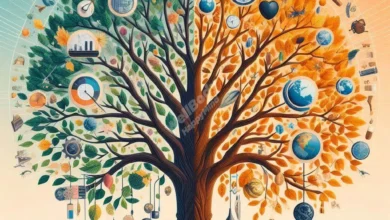A tree with four distinct sections representing the four seasons of life, each showing different aspects of work and personal life