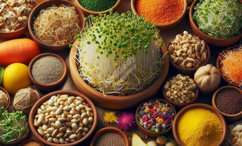 A variety of colorful sprouted foods arranged on a wooden table, including alfalfa sprouts, sprouted grains, and microgreens