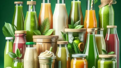 A variety of eco-friendly beverages in sustainable containers against a green background