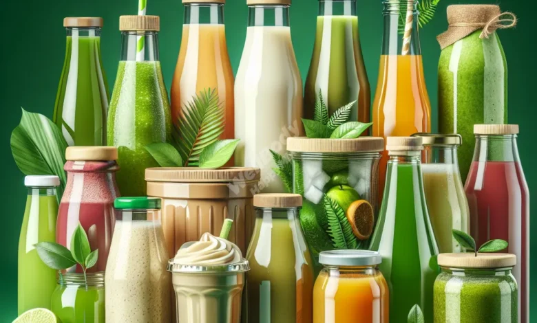 A variety of eco-friendly beverages in sustainable containers against a green background