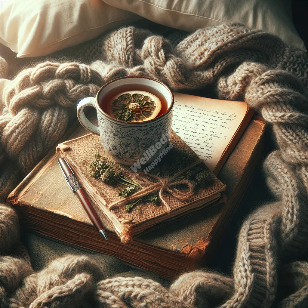 A warm, inviting scene with herbal tea, a journal, and a book on a cozy blanket