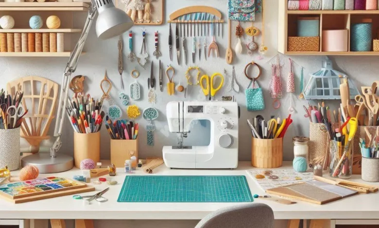 A well-organized, bright crafting workspace with ergonomic tools and equipment
