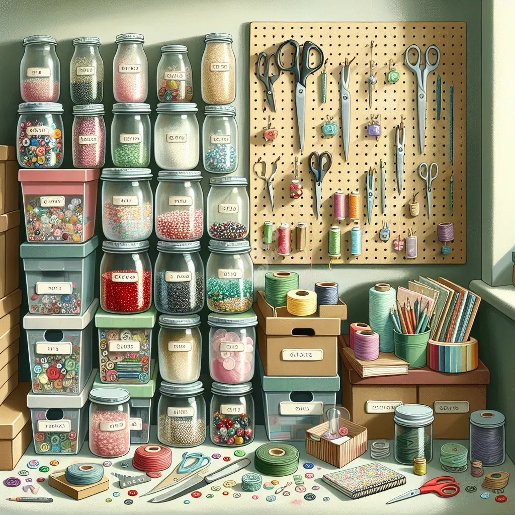 A well-organized craft supply storage area using repurposed items like glass jars, shoe boxes, and a pegboard system