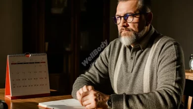 A calm person working at a desk with a calendar and clock nearby, looking relaxed and in control