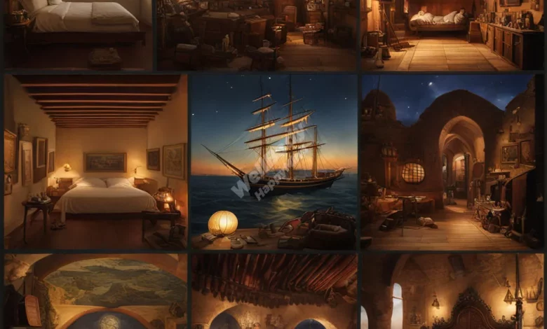 A collage showing various historical sleep patterns, including a medieval bedroom, Mediterranean siesta, Da Vinci's workshop, pre-industrial night scene, and sailors on a ship
