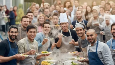 A diverse group of happy, healthy people enjoying nutritious meals together