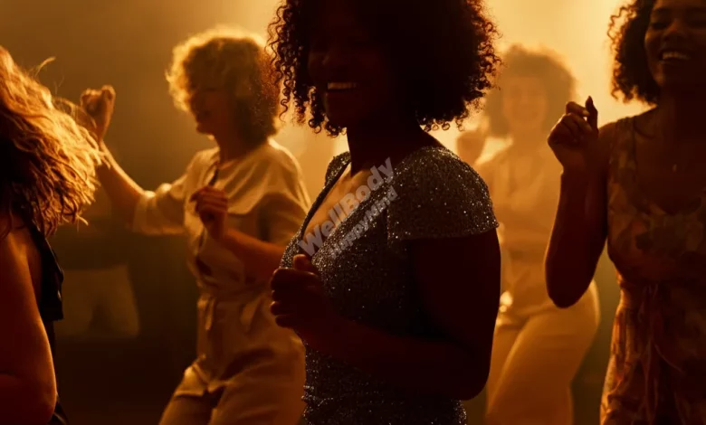 A diverse group of people dancing joyfully together, with visible expressions of happiness