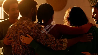 A diverse group of people supporting each other in a warm, welcoming environment