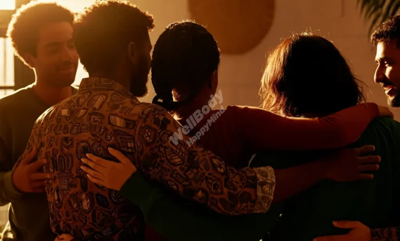 A diverse group of people supporting each other in a warm, welcoming environment