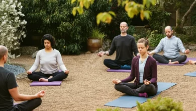 A diverse group of people with various visible disabilities practicing mindfulness together in a peaceful garden setting