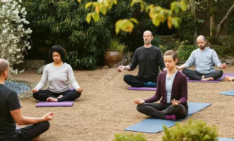 A diverse group of people with various visible disabilities practicing mindfulness together in a peaceful garden setting