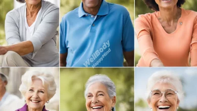 A diverse group of smiling seniors engaging in various healthy activities