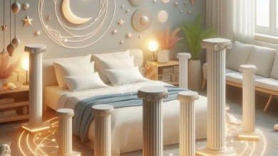 A peaceful bedroom scene with pillars representing the 4 aspects of sleep hygiene