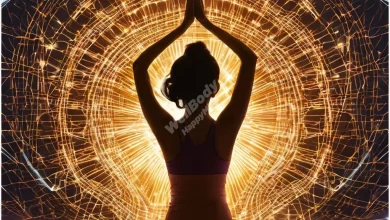 A person in a peaceful yoga pose surrounded by flowing energy lines