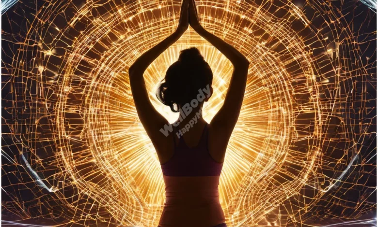 A person in a peaceful yoga pose surrounded by flowing energy lines