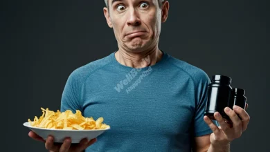 A person looking confused while holding a plate of junk food in one hand and supplement bottles in the other