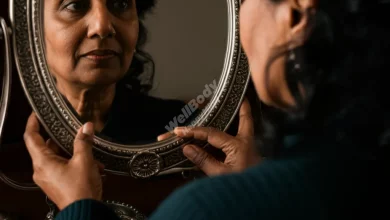 A person looking in a mirror with a kind, compassionate expression