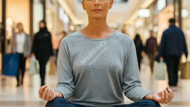 A person meditating peacefully amidst a chaotic shopping mall
