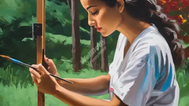 A person painting on a canvas, looking peaceful and focused