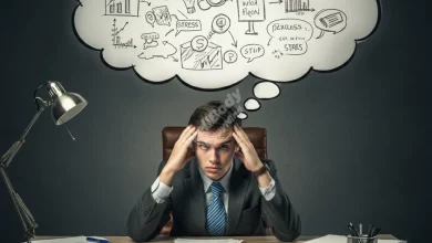 A professional looking stressed at a desk, with a thought bubble showing various coping strategies