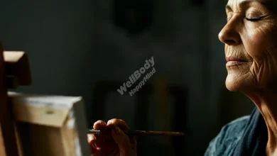 A serene artist in a studio, eyes closed, taking a deep breath before starting to paint