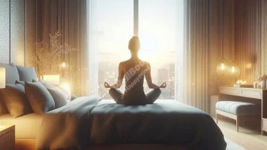 A serene bedroom with a person meditating on a comfortable bed, soft lighting in the background