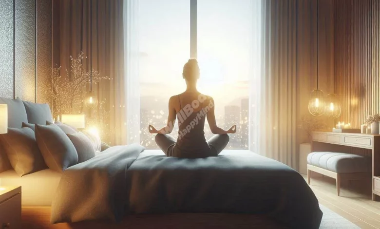 A serene bedroom with a person meditating on a comfortable bed, soft lighting in the background