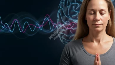 A serene individual practicing mindfulness, with a visual representation of brain patterns changing