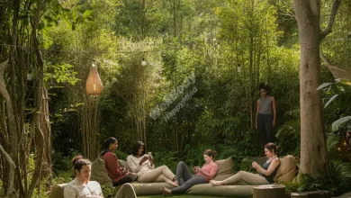 A serene, nature-inspired tech-free zone with people relaxing without devices