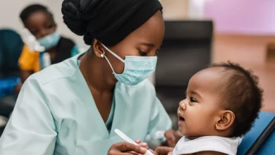 A smiling baby receiving a vaccine from a gentle healthcare provider