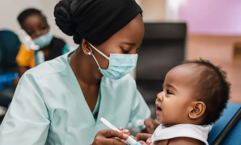 A smiling baby receiving a vaccine from a gentle healthcare provider