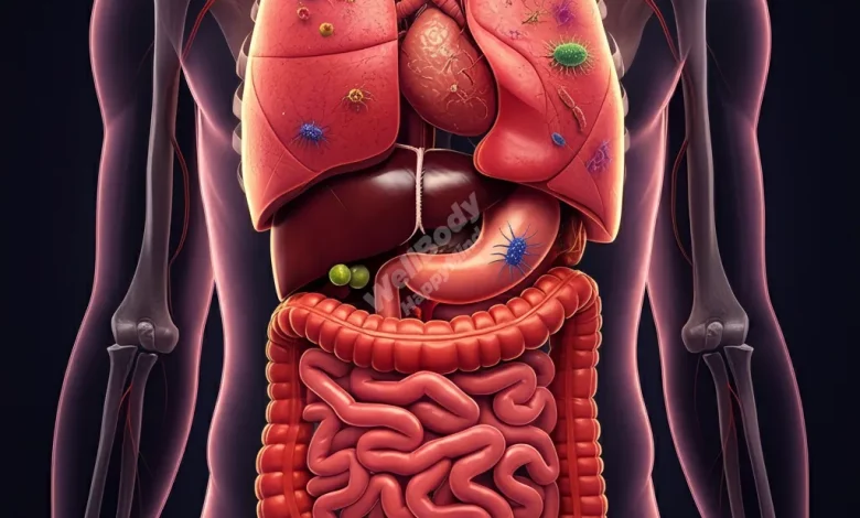 A colorful illustration of the human digestive system with various microorganisms representing the gut microbiome