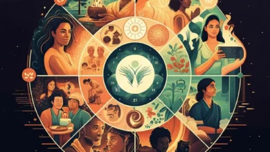 A colorful, vibrant wellness wheel with diverse community elements illustrated on each segment