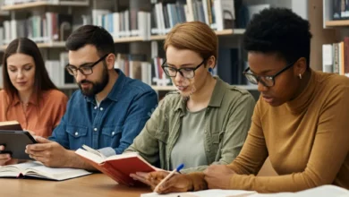 A diverse group of adults studying languages together, with books, tablets, and conversation