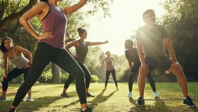 A diverse group of people engaging in various outdoor fitness activities in a scenic natural setting