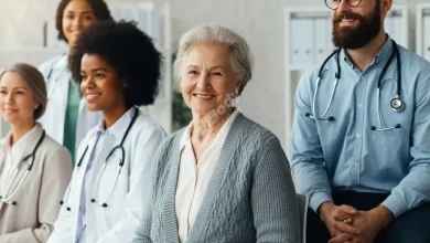 A diverse group of people of various ages at a doctor's office, looking happy and healthy